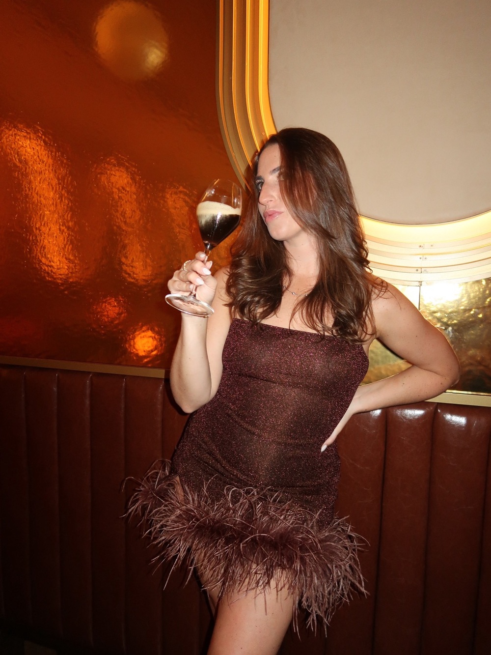 Oseree Brown Sparkle Mini Dress with Feather Hem